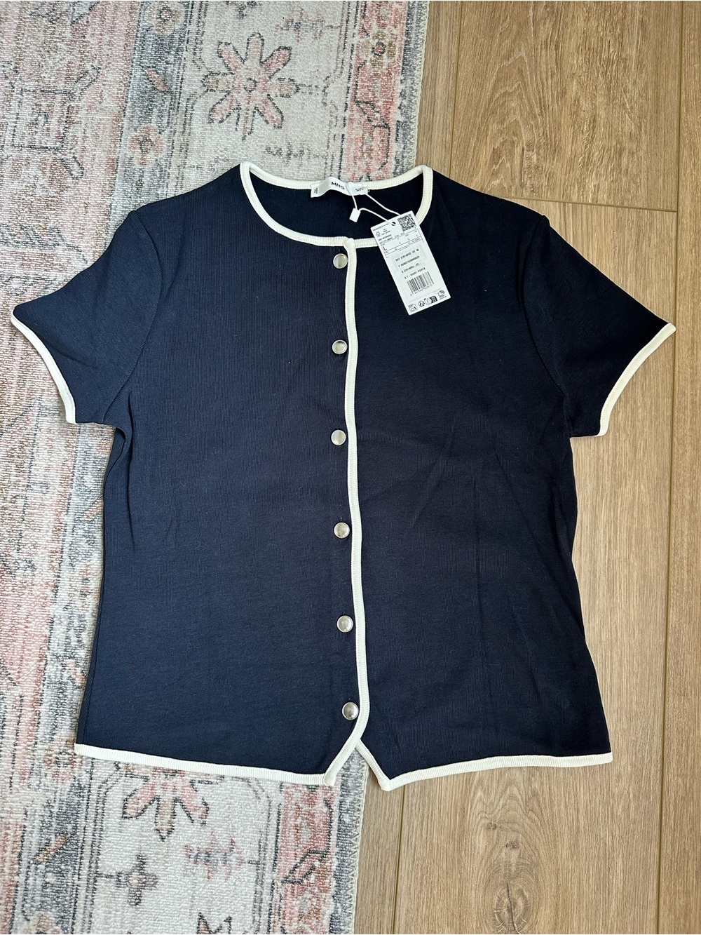 Mango Navy Short Sleeve Button-Front Top with White Trim